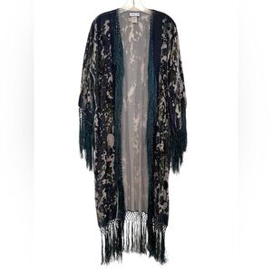 Simply Silk Burnout Velvet Fringed Open Front Silk Blend Kimono One Size